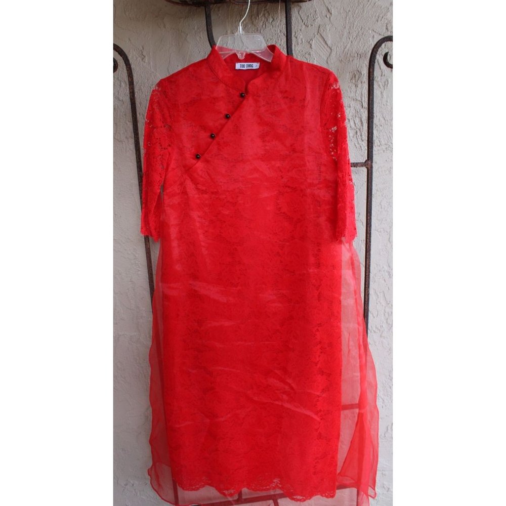 Too Tang Red Asian Style Dress Red Lace Size Large L 88074 Sheer Overlay